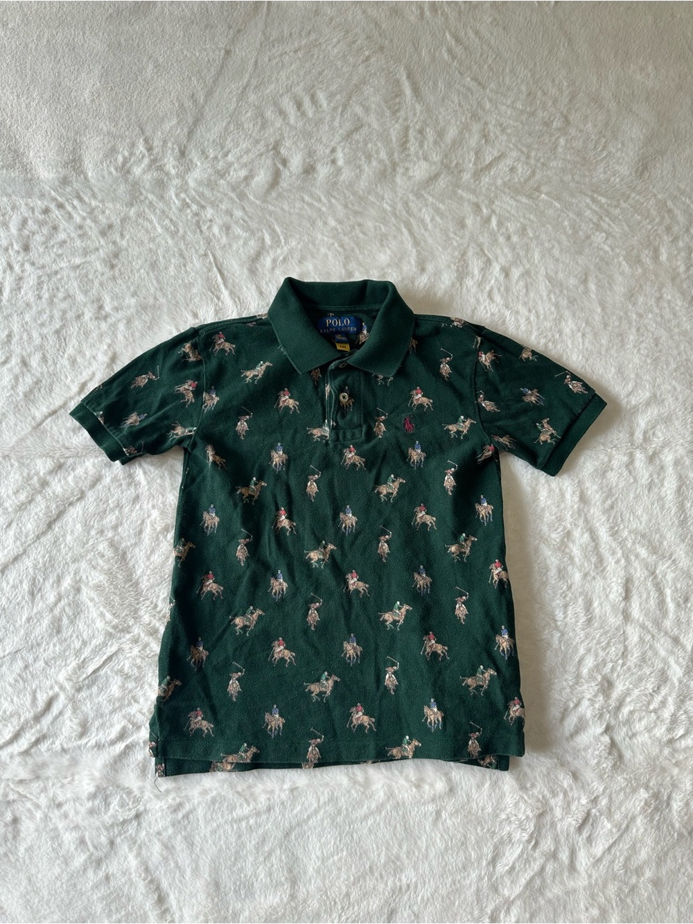 Polo Ralph Lauren Shirt Boys Small Green All Over Pony Race Print Equestrian